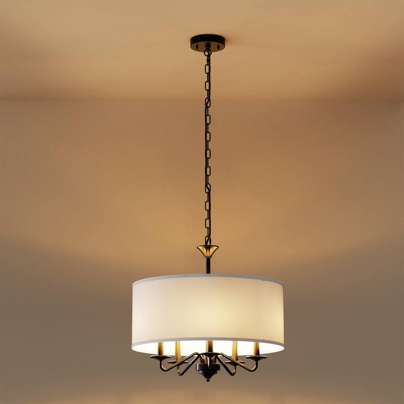 YANSUN 5-Light Farmhouse Drum Chandelier, Black & White, E12 Bulbs Base, Metal Frame