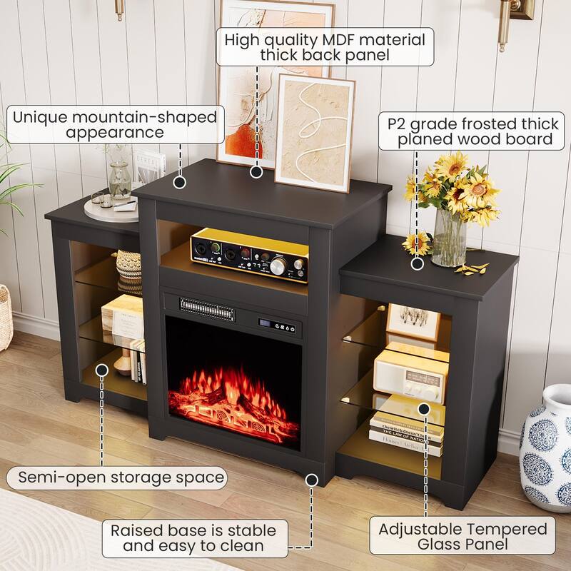 32" H Fireplace TV Stand, 55/70 Inch Media Console for TVs up to 80", Remote, Storage & LED Lights