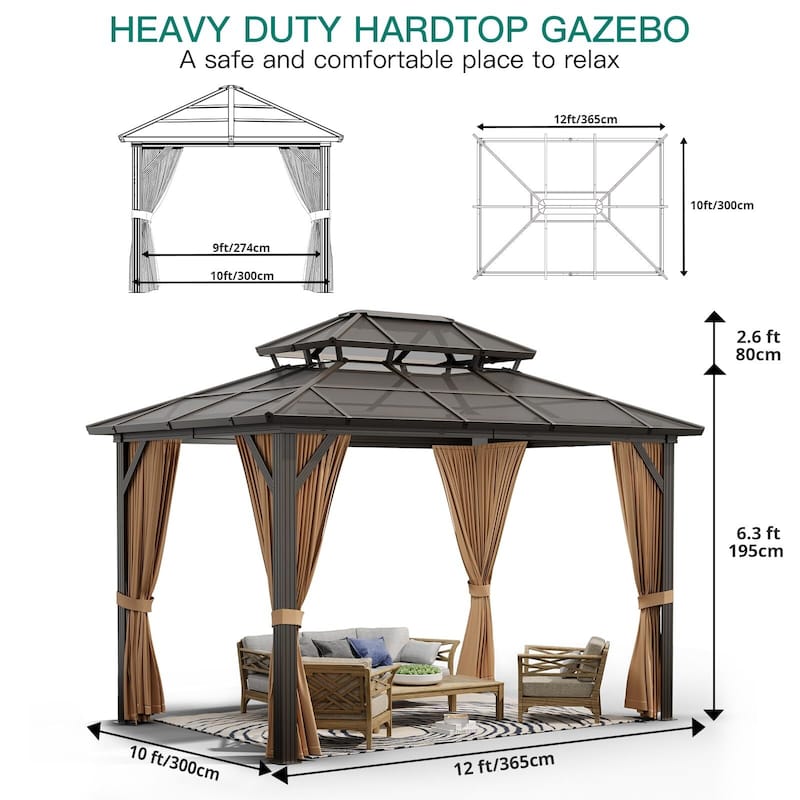 Heavy Duty Double Roof Outdoor Gazebo, with Netting and Sunshade Curtains