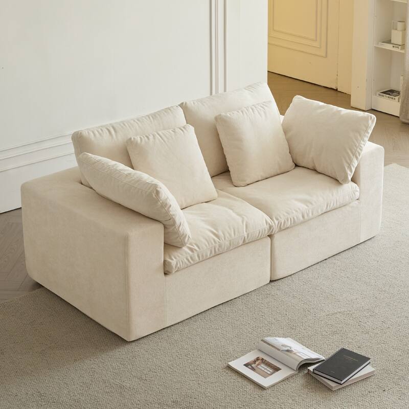 Flannel Modular Sectional Loveseat Sofa with Square Arms and Pillows