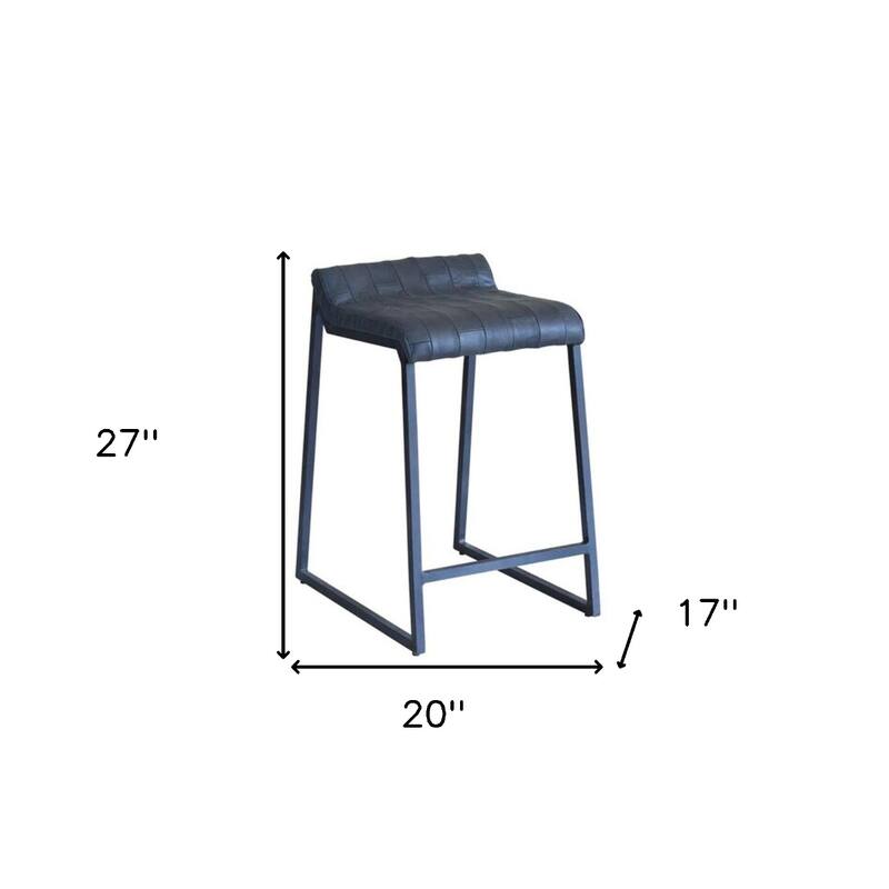 Grey Genuine Leather Upholstered Iron Low Back Counter Stool with Footrest - 20” x 17” x 27” (D x W x H)