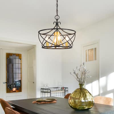 4-Light Cage Metal Black Gold Chandelier Dimmable Lighting Adjustable Farmhouse Pendant Light - 16" D x 14" H