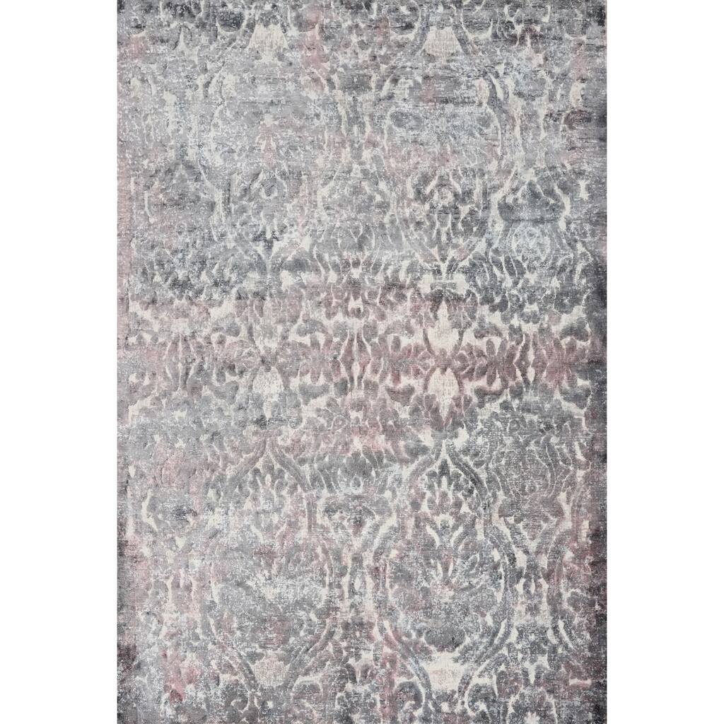 Hand Knotted Oriental Viscose Silk Carpet Modern Floral Greys & Charcoal Abstract Area Rug - 6' 11'' X 5' 6''