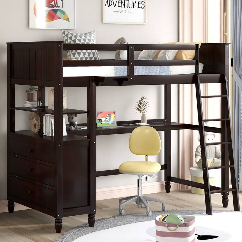 Wood Loft Bed Twin Size, Twin High Bed Frame w/Built-in Desk & Drawers - Espresso - Twin