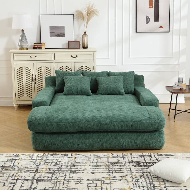 Chenille double spacious lazy sofa Living room Comfortable deep seat sofa with five pillows - Green