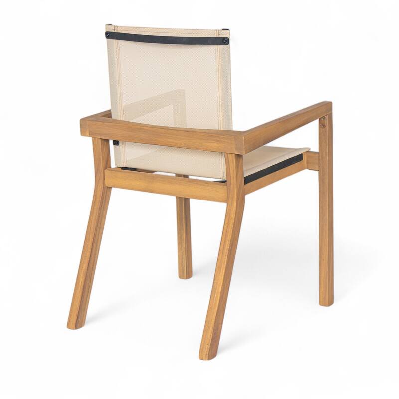 Roomfitters Set of 2 Outdoor Dining Chairs, Acacia Wood Teak Finish Frame with Breathable Mesh Seating, Beige