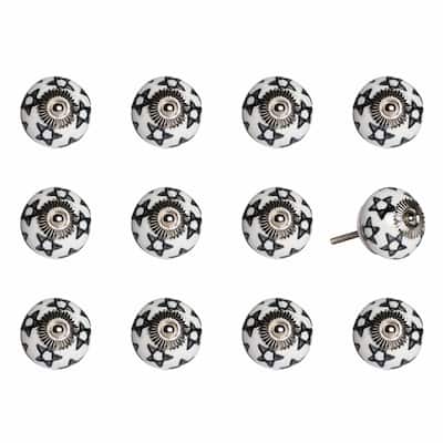 12 Pack Ceramic Round Drawer Knobs with Silver Finish and Flower Design Cabinet Pull Handles - 1.5" X 1.5" X 1.5"