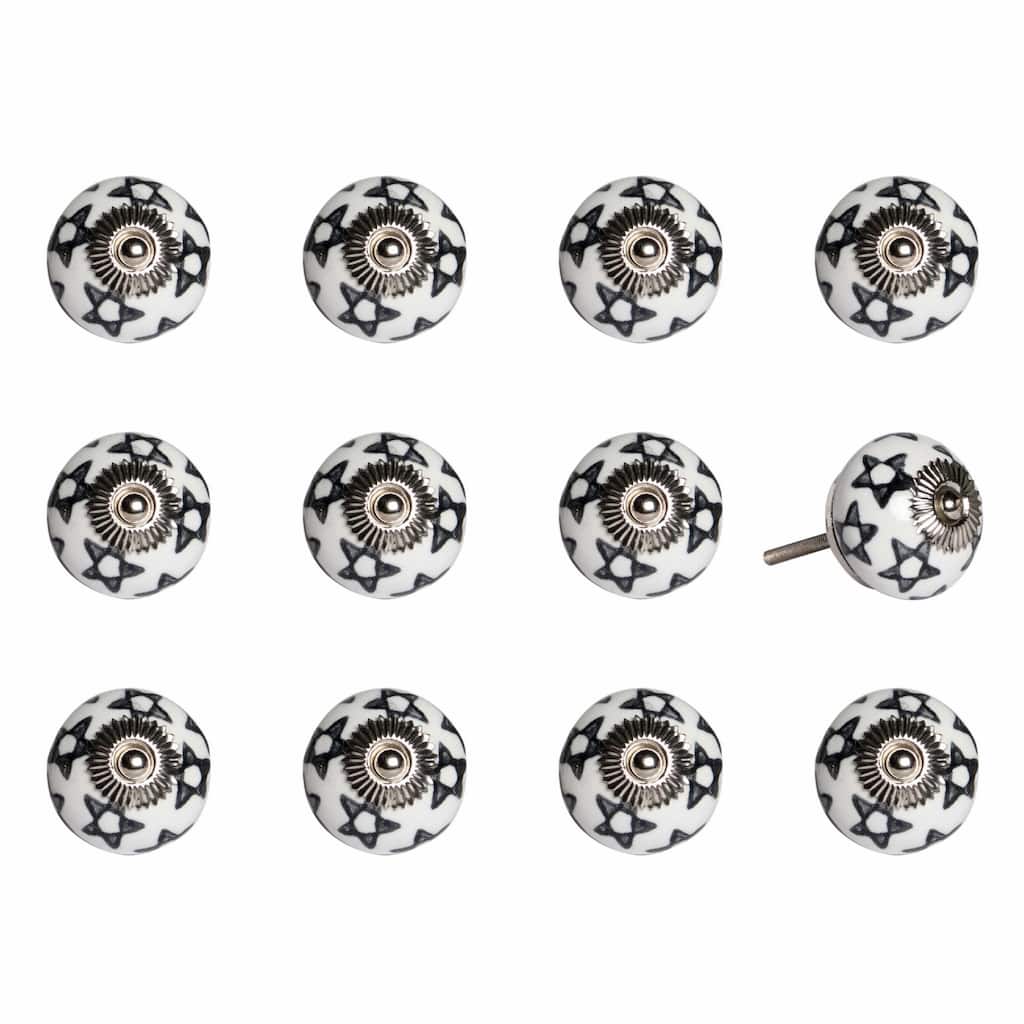 12 Pack Ceramic Round Drawer Knobs with Silver Finish and Flower Design Cabinet Pull Handles - 1.5" X 1.5" X 1.5"