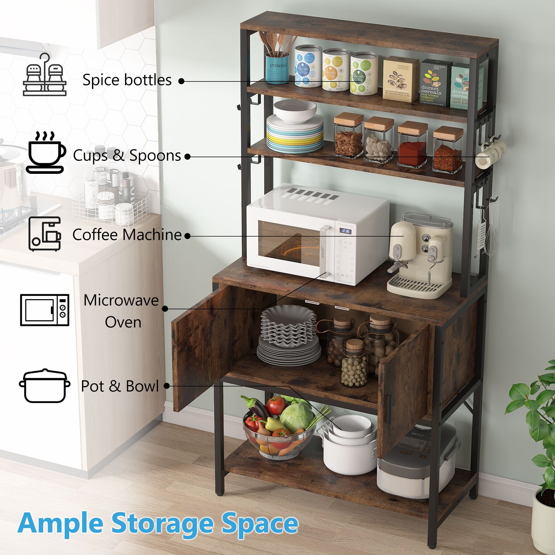 Industrial Kitchen Bakers Rack with Hutch, Cabinet, Shelves & 8 Hooks -  31.49