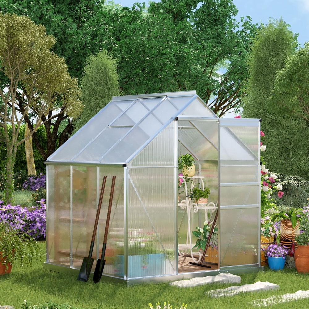 Outsunny Aluminum Greenhouse Polycarbonate Walk-in Garden Greenhouse Kit with Adjustable Roof Vent, Rain Gutter and Sliding Door