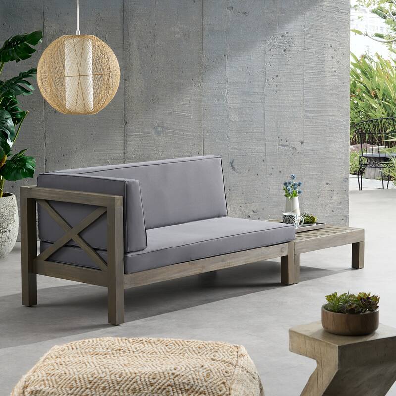 Brava Outdoor Acacia Wood Left Arm Loveseat and Coffee Table Set with Cushion by Christopher Knight Home - Gray/ Dark Gray