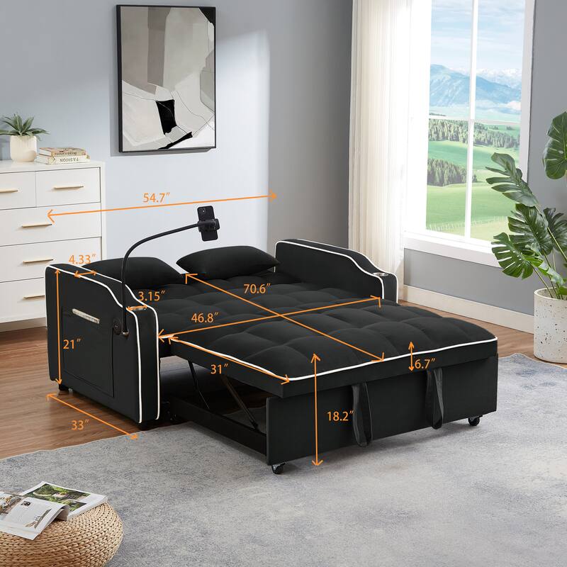 foldable sofa bed in 3 lengths, modern sofa velvet pull-out bed, adjustable back with USB port，ashtray and swivel phone stand