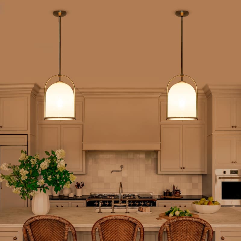 Brushed Gold Bucket Pendant Light with White Glass Dome Bedroom Foyer - Dia.11.02-in