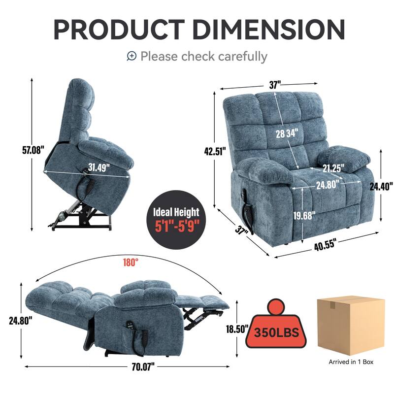 Oversized Chenille Power Lift Recliner Chair with Massage and Lumbar Heating, Charging Port, 180° Lying Flat