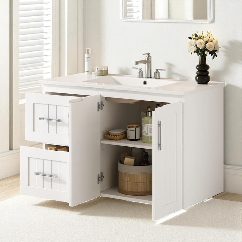 36" Wall Mounted Bathroom Vanity with Ceramic Sink, 2 Drawers, Adjustable Shelf and Floating Storage Cabinet