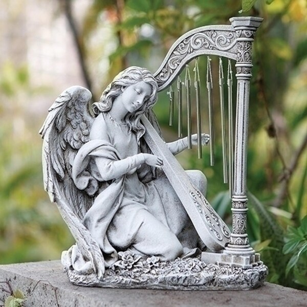 15" Joseph Studio Kneeling Angel with Harp Wind Chime Garden Statuary - N/A