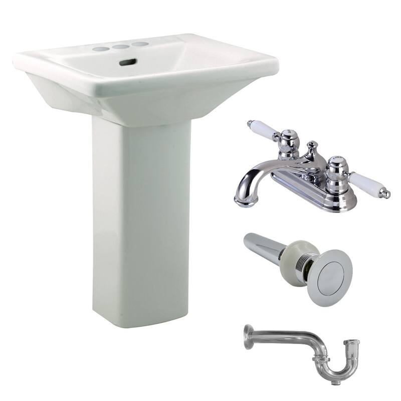 White Child Bathroom Pedestal Sink Faucet Holes with 4" Center Set Faucet, Drain With Overflow and P trap