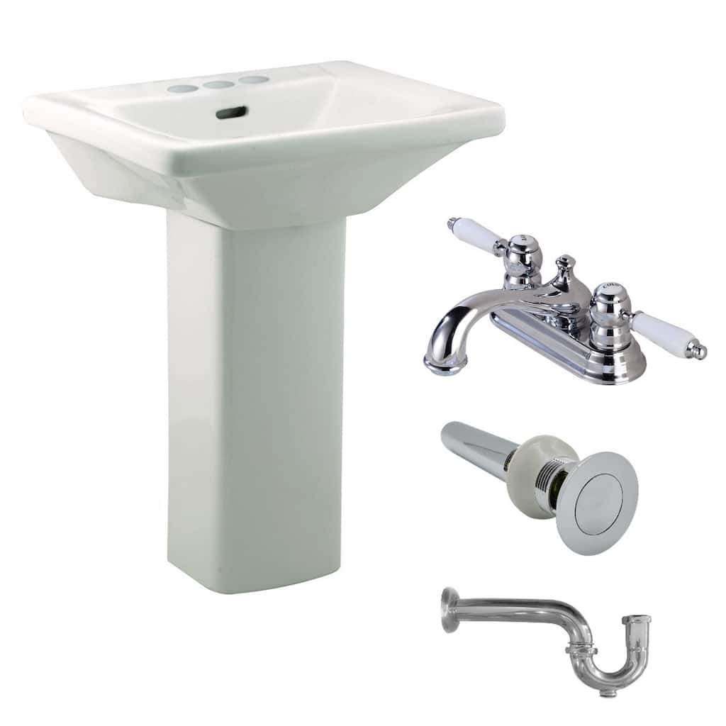 White Child Bathroom Pedestal Sink Faucet Holes with 4" Center Set Faucet, Drain With Overflow and P trap