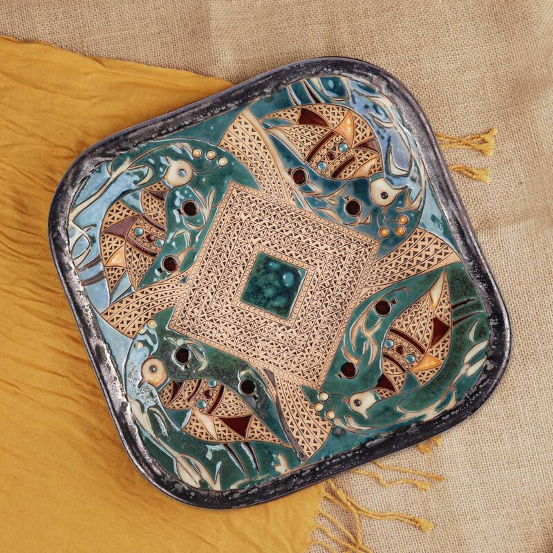 Novica Handmade Majestic Pond Glazed Ceramic Platter