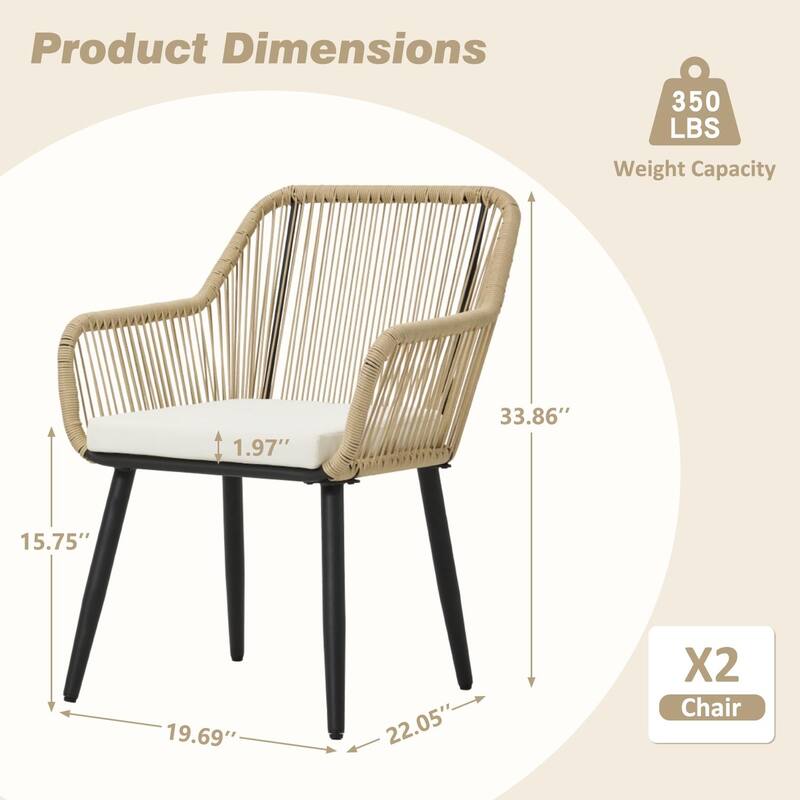 Outdoor Patio Dining Chairs Set of 2, Wicker Rattan Balcony Chairs with Removable Cushions, Ergonomic Armrests and Backrest