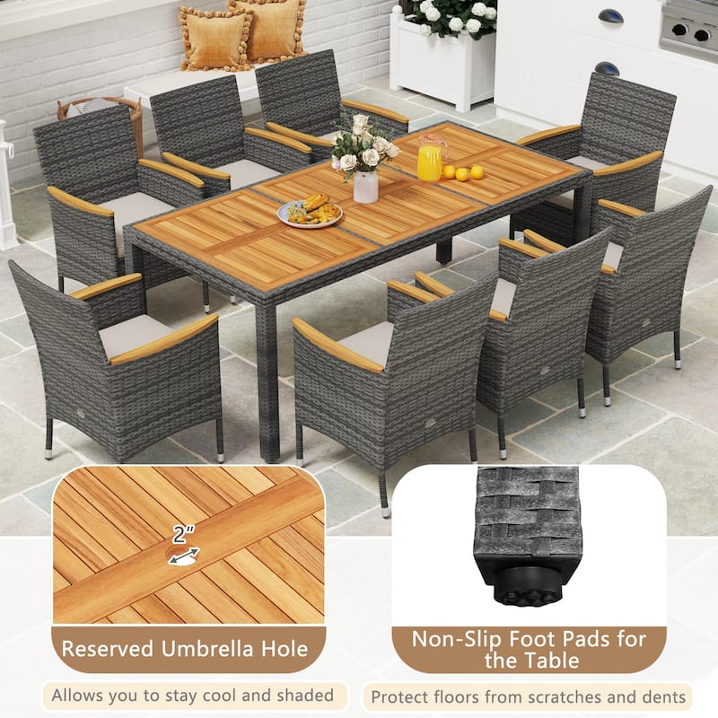 Costway 9 PCS Outdoor Wicker Dining Set with Acacia Wood Table and 8 - See Details