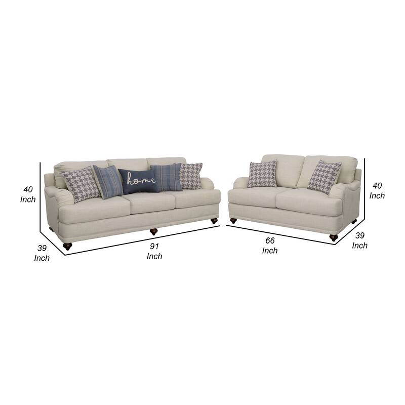 Liya 2pc Sofa and Loveseat Set, 7 Blue Pillows, Light Gray