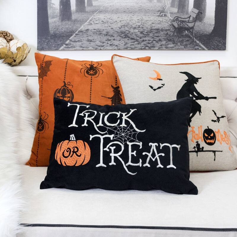 Trick or Treat Halloween Lumbar Pillow - Embroidered Black Cushion with Insert