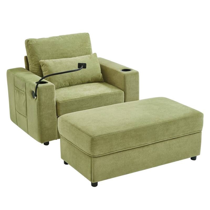 Anmytek Green 42.5 Inch Modern Chaise Lounge with Movable Storage Ottoman Dual USB Ports Phone Holder Side Pockets