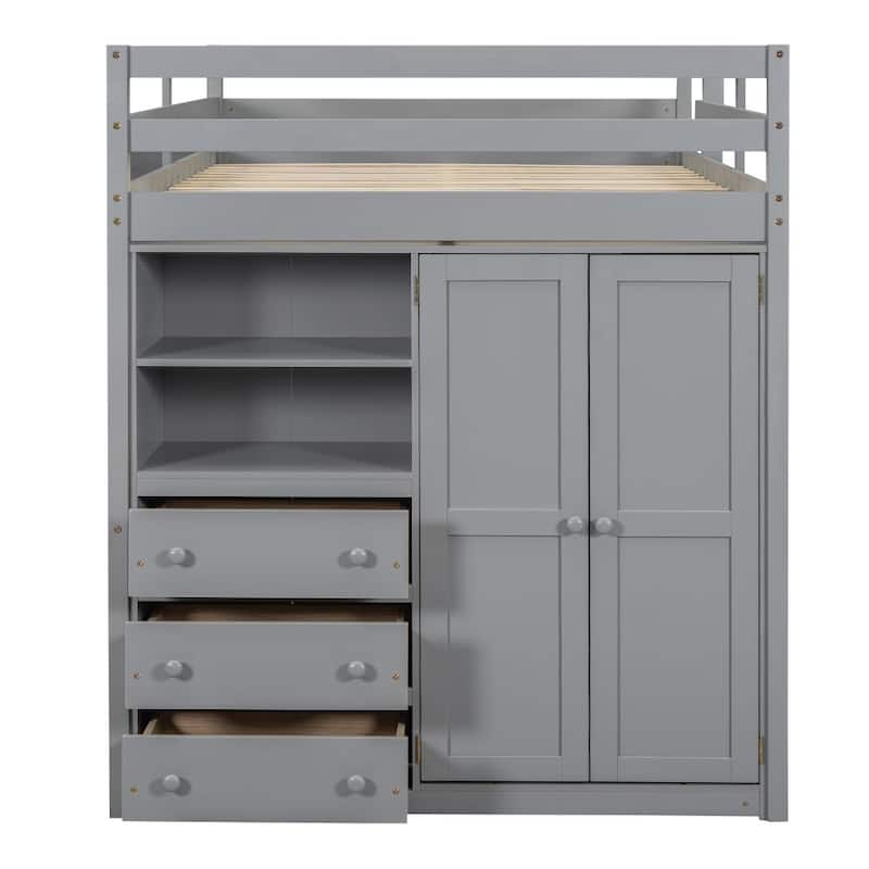 Wood Full Size Loft Bed with Built-in Wardrobe, Desk, Storage Shelves and Drawers