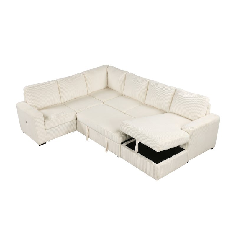 115.6" Corduroy U-Shaped Sectional Sofa with Pull-out Bed, Storage & USB Ports