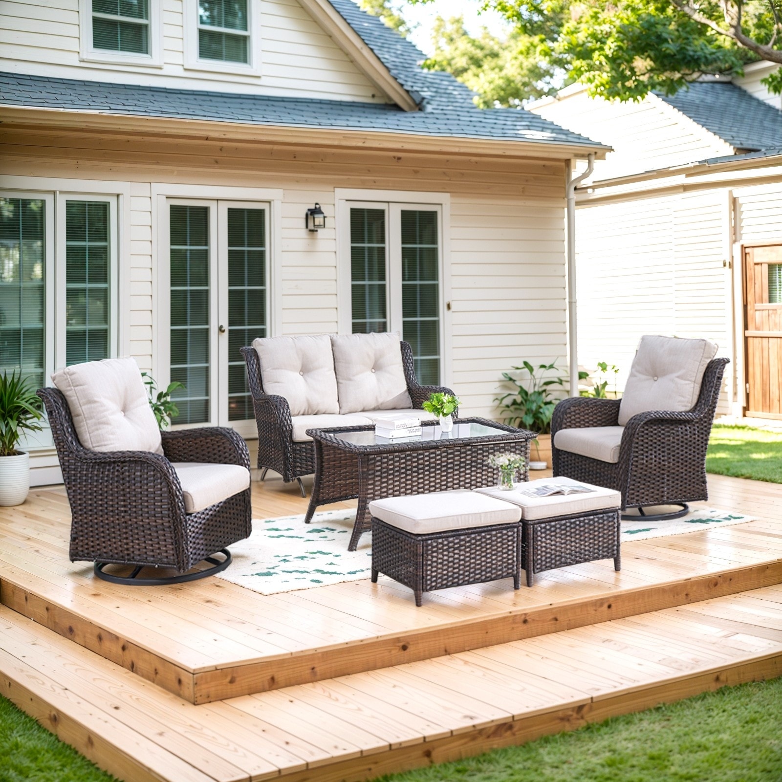 Patio Loveseat Rattan Glider Sofa Swivel Chair with Ottoman - Beige cushion - Brown