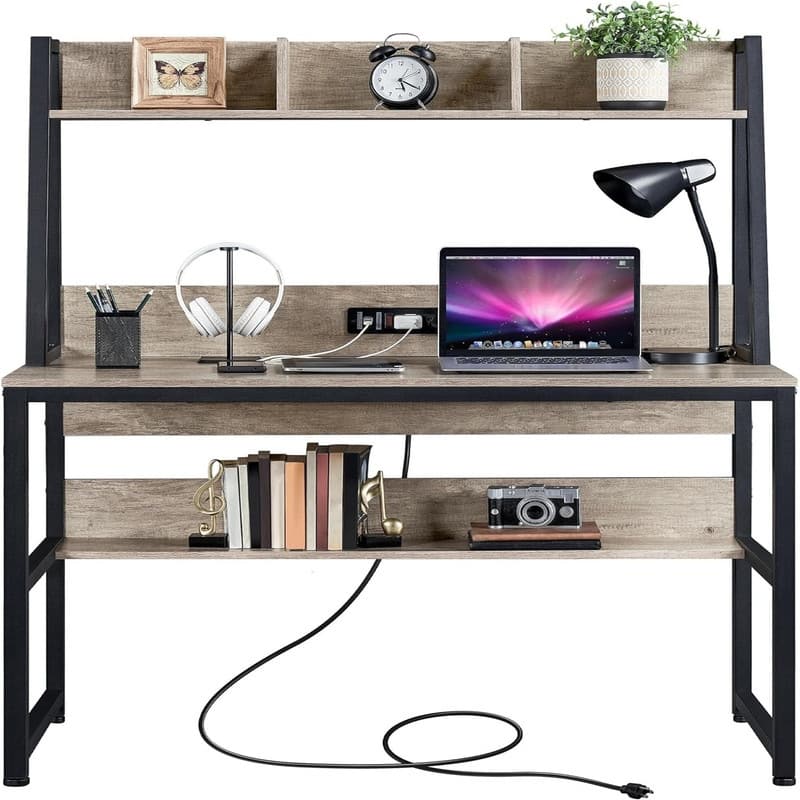 47 Inch Writing Desk with Power Outlets - 22.5"D x 47.5"W x 55"H - Grey