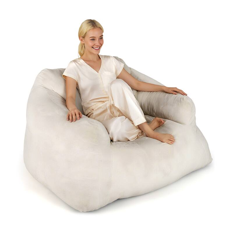 Beige Velvet Bean Bag Chair with Ergonomic Design and Padded Armrests - 51" x 44" x 27"