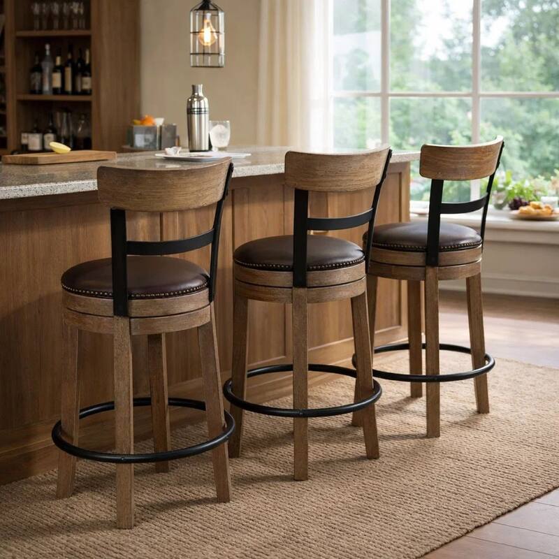 Pine Swivel Counter Height Stool Chair, 24 Inch, Brown Faux Leather