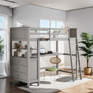 Twin size Loft Bed with Drawers, Built-in Desk and Shelves, Grey