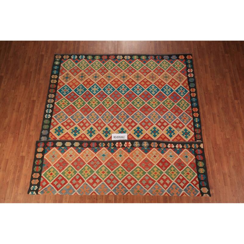 All-Over Trellis Kilim Area Rug Hand-Woven Wool Carpet - 8'9" x 11'4"