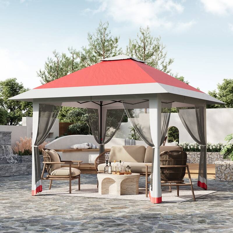 13' x 13' Pop Up Gazebo, Outdoor Canopy Tent with Mosquito Netting & Double Roof, Ez Up Event Tent with Wheeled Bag