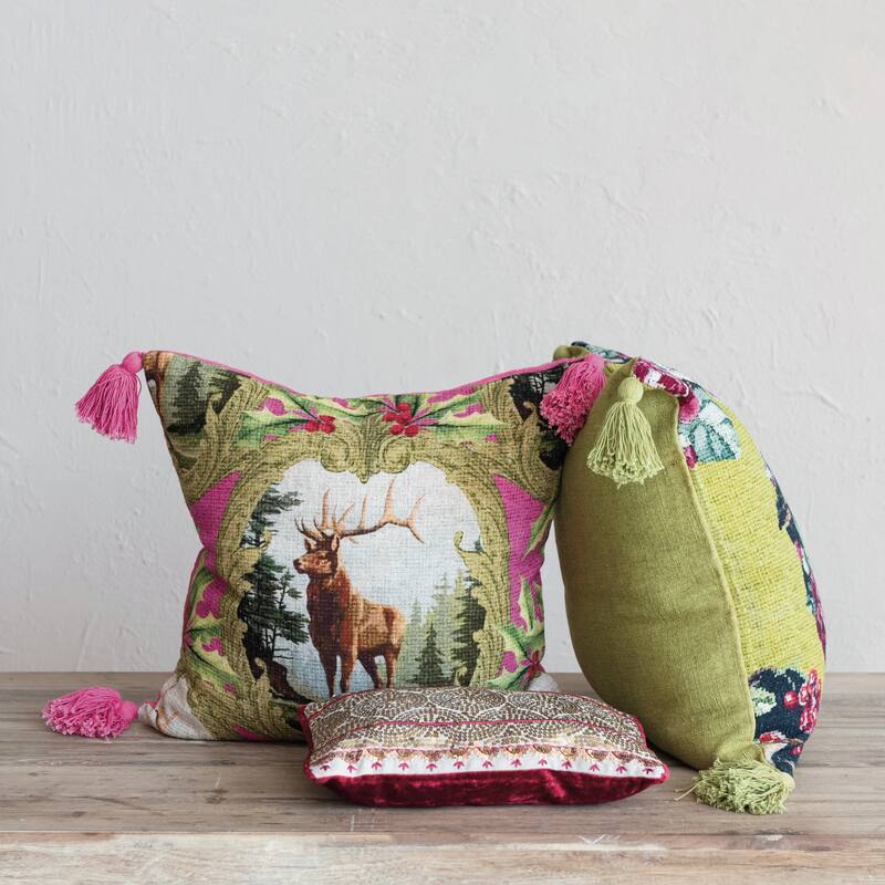 Linen Blend Pillow with Bird, Flowers and Tassels