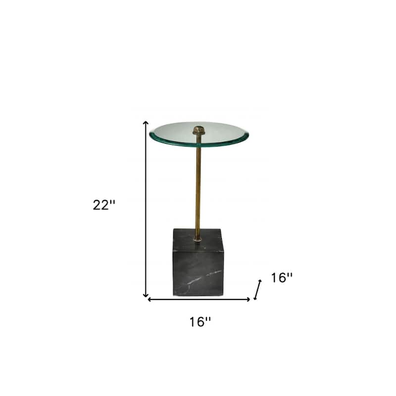 22 Inch Modern Round Side End Table with Glass Top and Black Marble Base for Living Room or Bedroom - 22"H x 16"W x 16"D