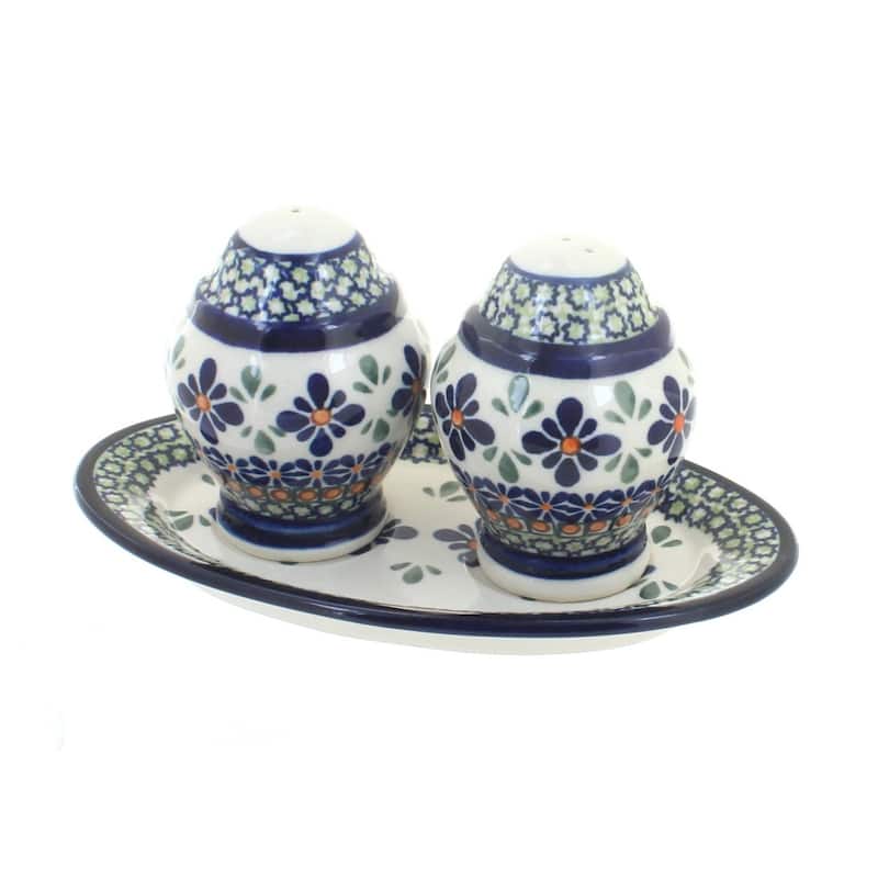 Blue Rose Polish Pottery 1282 Zaklady Salt & Pepper Shakers with Plate - Mosaic Flower