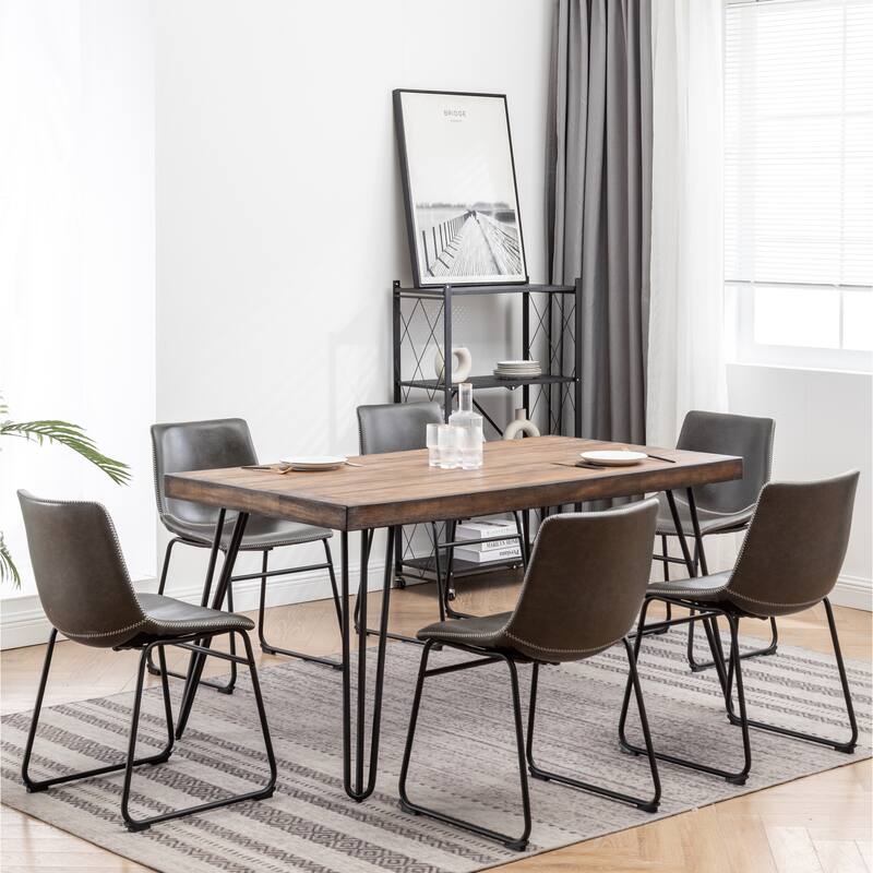 7 Pieces Rubberwood Rectangular Dining Furniture Set with 6 Chairs - Brown