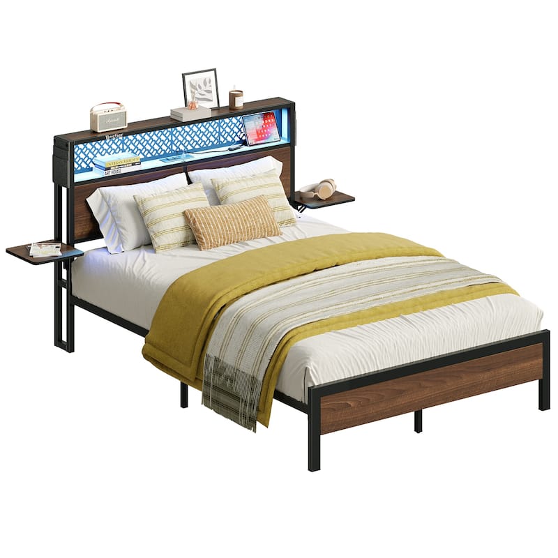 Platform Bed with LED Upholstered Storage Headboard Charge Station Foldable Bedside Shelf