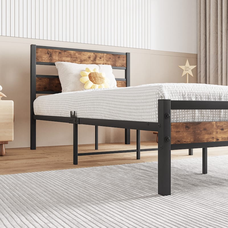 Platform Bed Frame with Rustic Vintage Wood Headboard