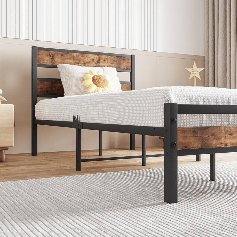 Twin Size Platform Bed Frame with Rustic Wood Headboard, Strong Metal Slats, No Box Spring Needed