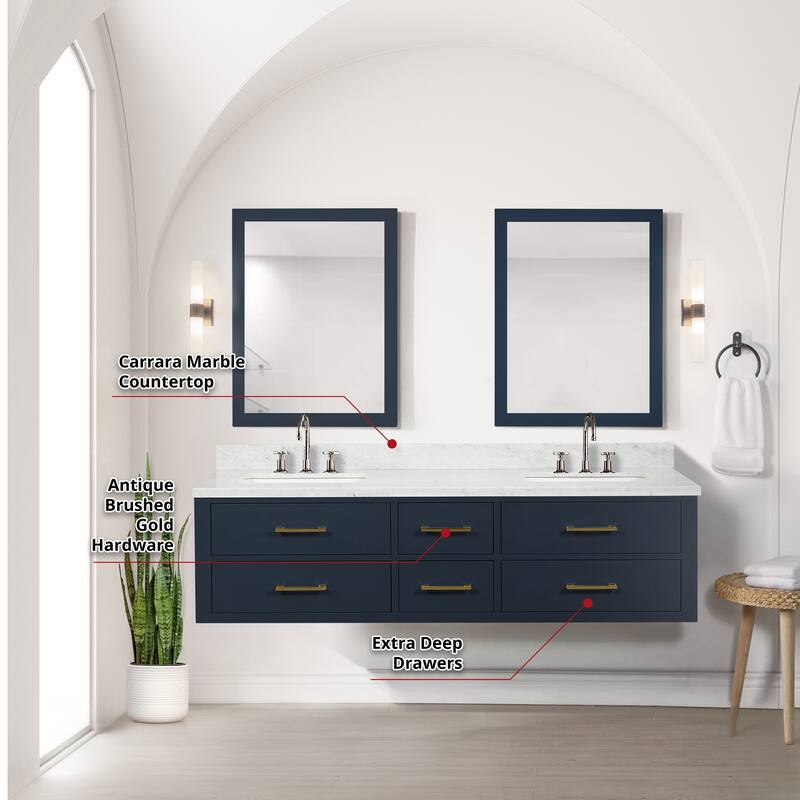 Lexora Castor Double Bath Vanity, Carrara Marble Top, Faucet Set, and Mirrors