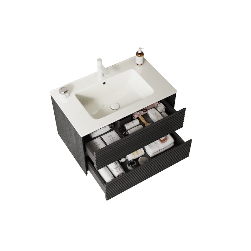 Minimalist Wall Floating Bathroom Vanity Horizontal Stripe Storage Cabinet with Integrated Sink and 2 Soft Close Drawers