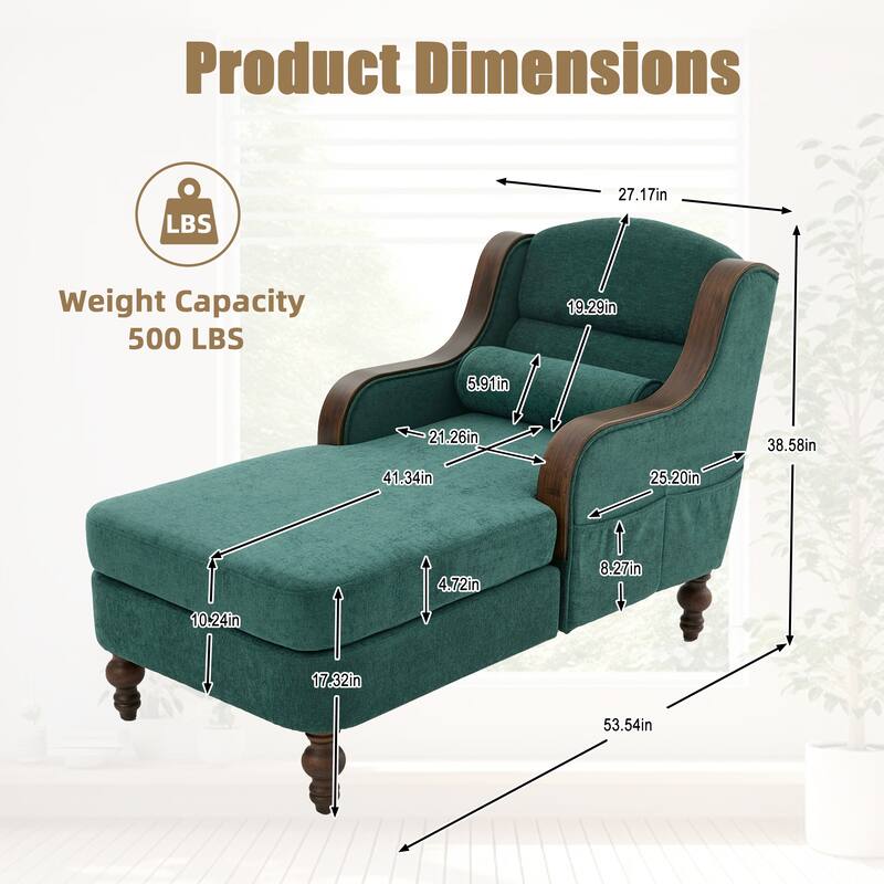 HOMEFUN Chenille Upholstered Wood Frame Oversized Chaise Lounge Single Sofa Bed with Side Pocket for Living Room,Bedroom