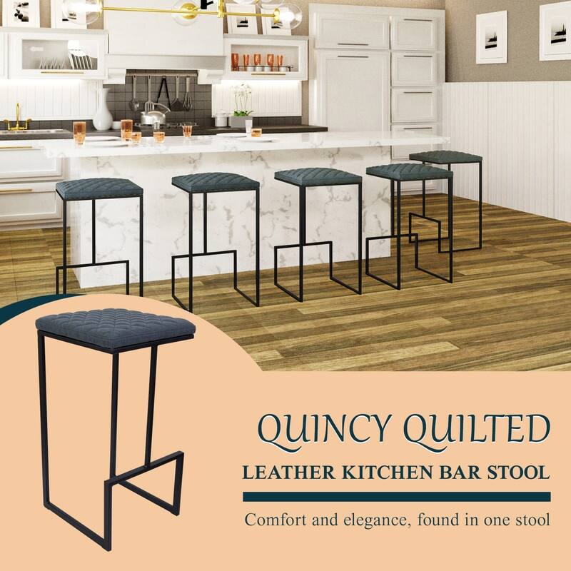 Quincy Leather Quilted Counter Height Barstool (Set of 2) with Upholstered Square Seats & Footrest for Home Bar & Kitchen