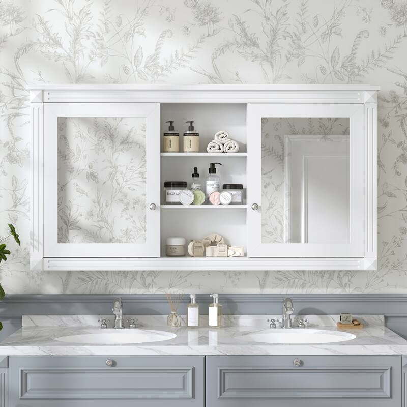 55 inch Wall-Mount 2-in-1 Mirror Cabinet with Adjustable Shelves, Soft-Closing Hinges, High-Definition Mirrors - White