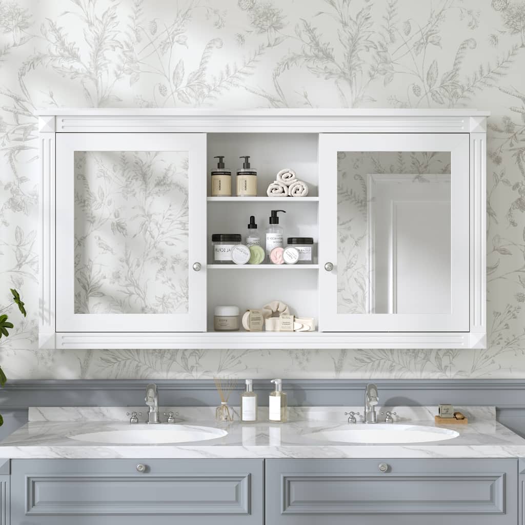 55 inch Wall-Mount 2-in-1 Mirror Cabinet with Adjustable Shelves, Soft-Closing Hinges, High-Definition Mirrors